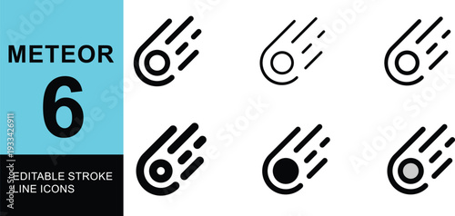 Collection of editable stroke icons representing a meteor or comet with a trail, suitable for various design projects and applications