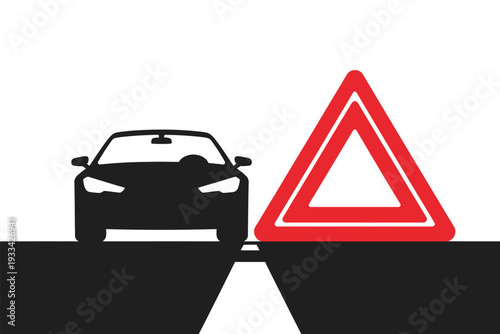 Warning, road sign with vehicle silhouette symbolizing caution ahead, traffic safety alert, hazard warning, copy space included, clean modern flat vector design