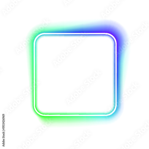 Neon PNG square frame with glowing edges in gradient green and blue. Soft luminous highlights enhance depth. Ideal for futuristic banners.