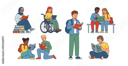 Group of diverse students reading books, embracing education and inclusion through learning in an academic setting