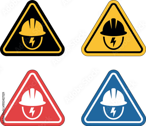 A set of colorful warning signs with hard hats and lightning bolts on a white background