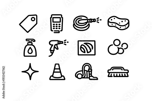 Set of car wash and professional cleaning service line icons including pressure washer vacuum cleaner sponge and payment terminal