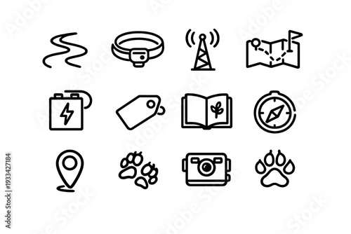 Set of wildlife tracking and nature exploration line icons including compass map paw prints camera and tracking collar on white background