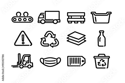 Logistics and recycling line icon set featuring delivery truck forklift conveyor belt pallet and waste management symbols on white