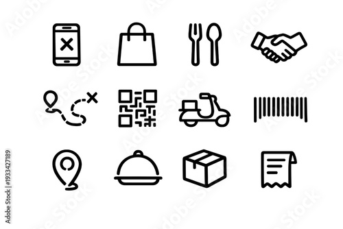 Delivery and logistics line icon set featuring shopping bag food service scooter and package tracking symbols on white background