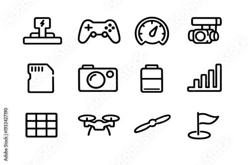 Set of modern technology and drone equipment line icons including camera battery controller and memory card on white background