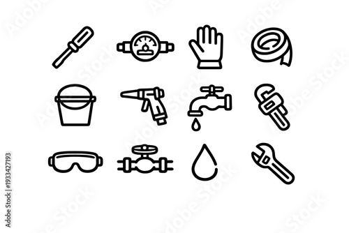 Plumbing and home repair tool icon set featuring wrenches faucet water meter and safety equipment on white background
