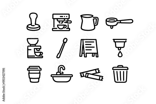Set of coffee shop and barista equipment icons including espresso machine tamper milk pitcher portafilter and takeaway cup