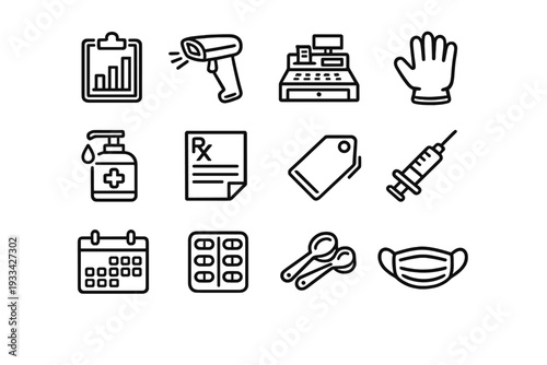 Pharmacy and medical retail icon set featuring prescription paper syringe face mask hand sanitizer and cash register on white background