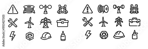 Set of industrial construction and renewable energy icons including wind turbine power pylon tools and safety equipment on white background