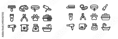 Pet grooming and animal care icons set featuring brush collar harness clipper nail trimmer paw print carrier hair dryer towel and bathtub