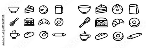 Collection of bakery and pastry line icons featuring cake bread croissant donut whisk rolling pin and coffee cup on white background