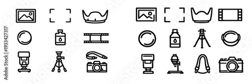 Photography and film equipment line icon set featuring camera tripod flash lens and darkroom tools on white background