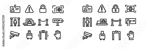 Airport security and travel safety line icons set featuring metal detector luggage scanner surveillance camera and identification badge