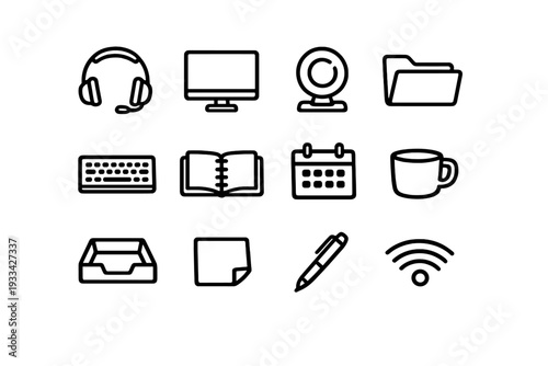 Set of and workspace line icons including computer monitor keyboard headset calendar and stationery items on white background