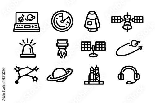 Space exploration and astronomy icon set featuring satellite rocket planet radar and mission control equipment on white background