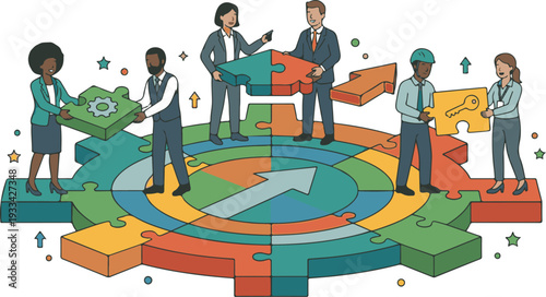 People assembling large puzzle pieces into a gear shape