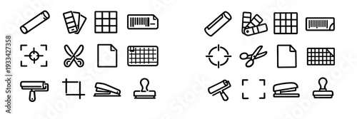 Collection of printing and graphic design line icons including scissors stapler color swatches and paper tools on white background