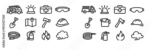 Firefighter equipment and emergency service icons including fire truck extinguisher helmet axe and first aid kit on white background