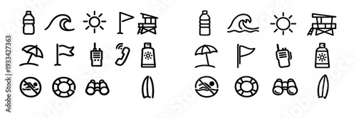 Set of beach safety and lifeguard equipment icons including sun protection water safety and rescue gear on white background