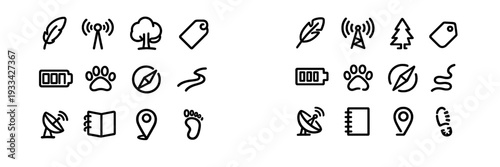 Minimalist black line icons for outdoor adventure camping and travel navigation on white background