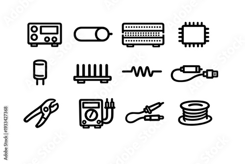 Electronic components and electrical engineering tools icons set including multimeter soldering iron microchip and circuit parts
