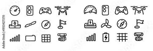 Drone technology and remote control interface icons including quadcopter camera gimbal propeller and navigation symbols on white background