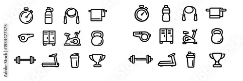 Fitness and gym equipment line icon set with stopwatch water bottle jump rope towel whistle locker exercise bike kettlebell and barbell