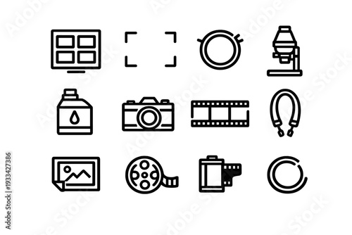 Photography and analog film equipment icons set including camera film reel darkroom enlarger and chemical bottle on white background