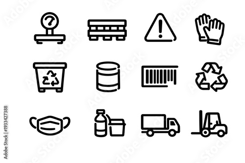 Logistics and warehouse icons set including forklift truck delivery vehicle recycling bin safety gloves and barcode symbols