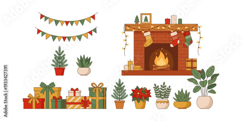 Christmas holiday decoration elements with a burning fire in a brick fireplace, colorful gift boxes, stockings, string lights, and potted plants