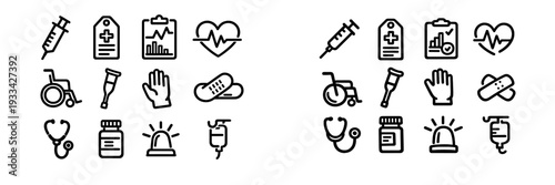 Medical and healthcare line icon set featuring syringe stethoscope wheelchair heart pulse bandage and emergency equipment on white