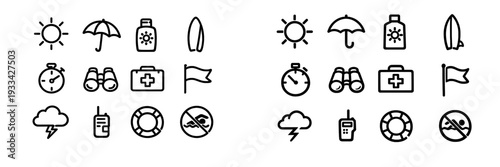 Beach safety and lifeguard equipment line icons including sun umbrella surfboard first aid kit and lifebuoy on white background