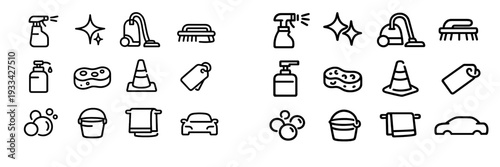 Car wash and detailing service line icons set including cleaning equipment spray bottle vacuum bucket sponge and car silhouette