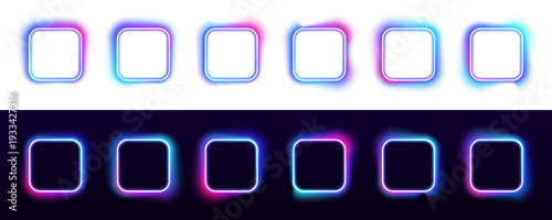 Bright PNG neon square frame emits rainbow gradient glow. Soft luminous edges enhance dynamic abstract composition. Perfect for banners and social media.