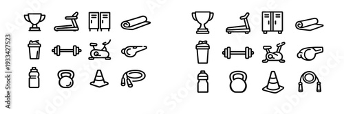 Fitness and gym equipment icons set featuring treadmill barbell kettlebell yoga mat and sports accessories for workout and training