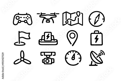 Drone technology and remote control equipment line icon set featuring navigation tools, power supply, and aerial photography accessories