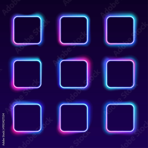 Abstract gradient square glows with cyan, pink and blue neon. Smooth luminous edges define modern rounded shape. Ideal for posters and UI templates.