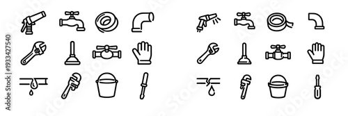 Plumbing service and repair tools icon set featuring wrench plunger faucet and pipe fittings for home maintenance and construction
