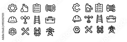 Industrial and construction line icons featuring tools equipment and safety gear for engineering and maintenance projects
