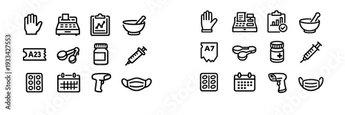 Pharmacy and medical retail line icon set including medicine bottle syringe face mask mortar and pestle cash register and barcode scanner