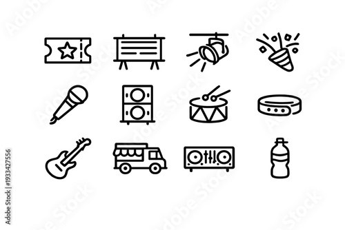 Set of music festival and concert event line icons including guitar microphone speaker ticket and food truck on white background