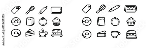 Collection of bakery and cafe line icons featuring kitchen tools and sweet treats like donuts cupcakes and coffee cups on white background