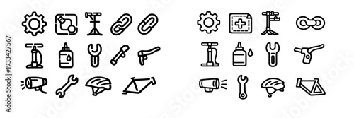 Bicycle repair and maintenance line icon set featuring tools gear chain pump helmet wrench and bike parts for cycling service