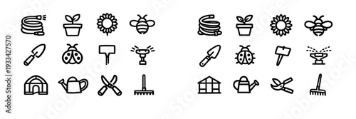 Collection of gardening icons featuring tools plants and insects in a minimalist black line art style on a white background