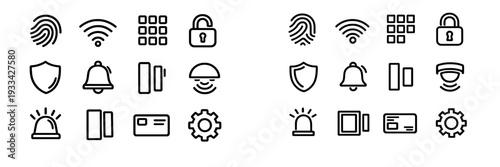 Smart home security and access control line icons set featuring fingerprint wifi padlock shield bell siren and motion sensor symbols