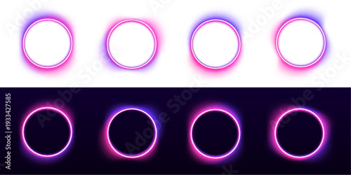 Neon circle emits vibrant pink and purpel glow. Smooth luminous edges enhance dynamic futuristic composition. Perfect for posters.