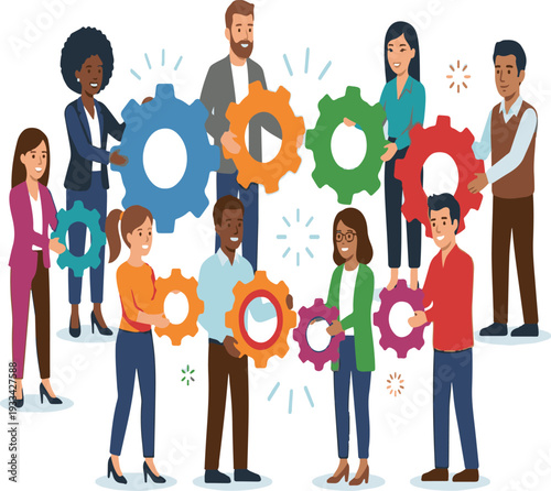 Group of professionals connecting colorful gears for mechanical synergy