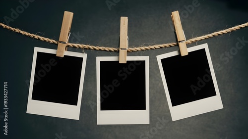 Blank polaroid photos hanging on a rope with clothespins