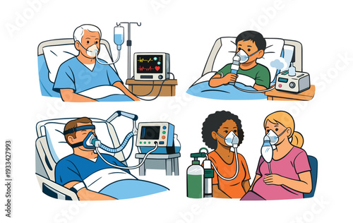 Patients of different ages using oxygen masks, nebulizers, and ventilatory support equipment for breathing and medical treatment